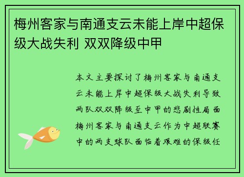 梅州客家与南通支云未能上岸中超保级大战失利 双双降级中甲